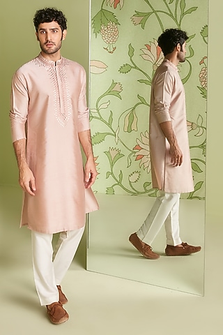 Old Rose Cotton Silk Kurta Set by Sanjev Marwaaha Men