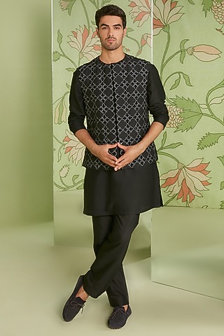 Black Cotton Silk Bundi Jacket With Kurta Set by Sanjev Marwaaha Men