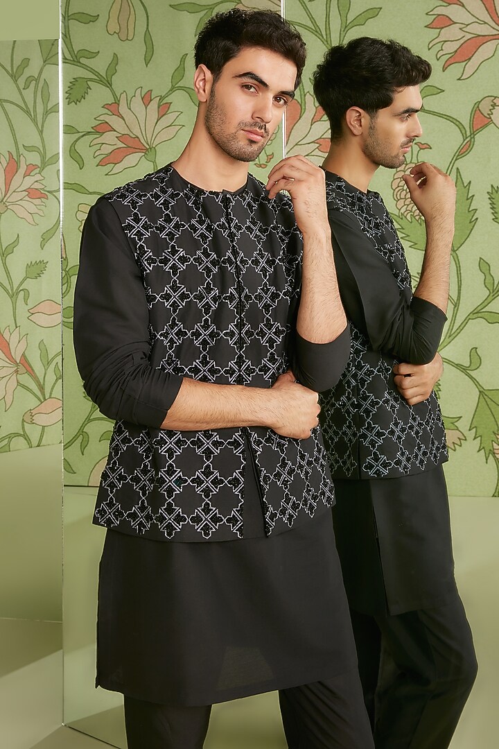 Black Cotton Silk Bundi Jacket With Kurta Set by Sanjev Marwaaha Men at Pernia's Pop Up Shop