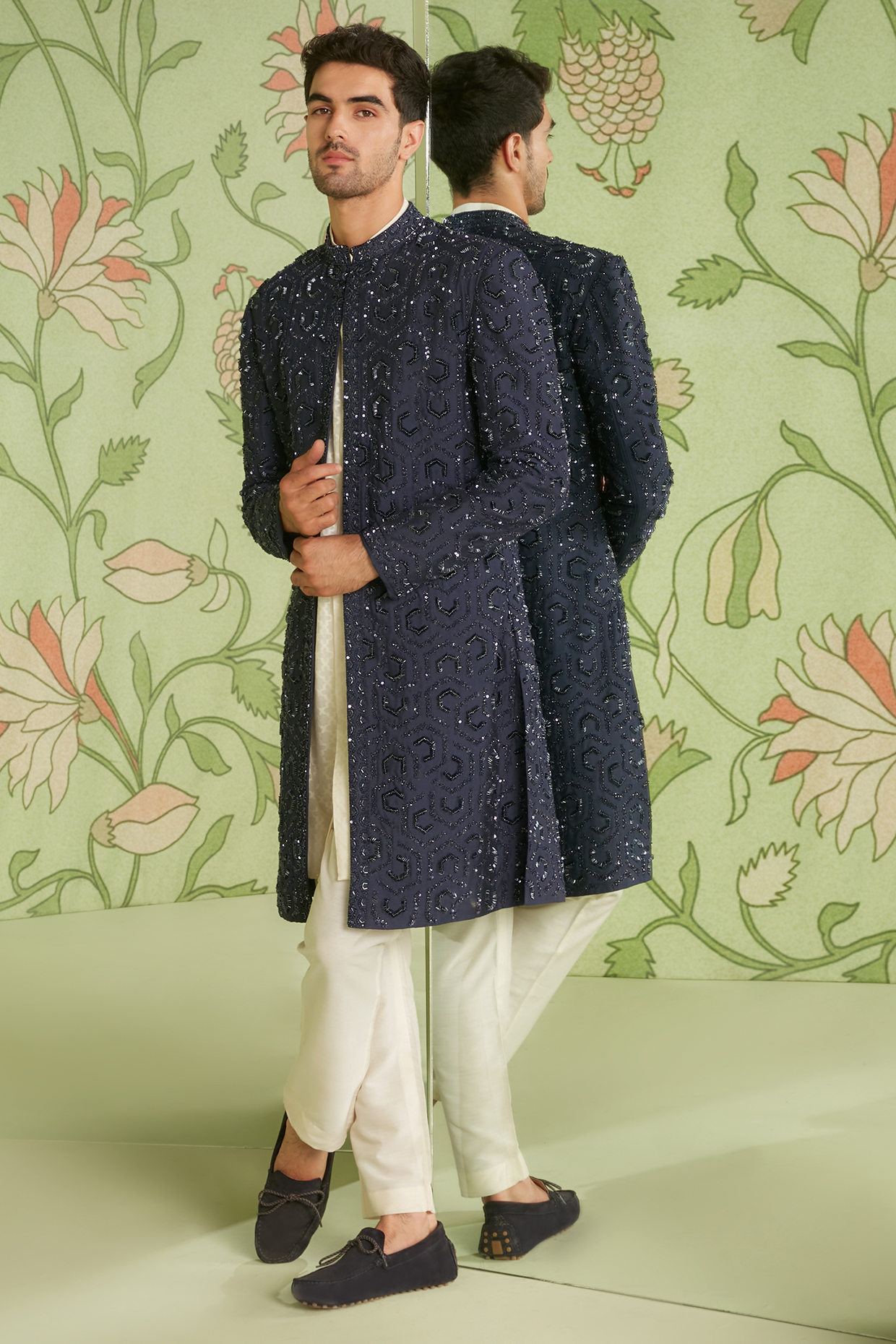 Navy Blue Embroidered Indo Western Jacket Set by Sanjev Marwaaha Men