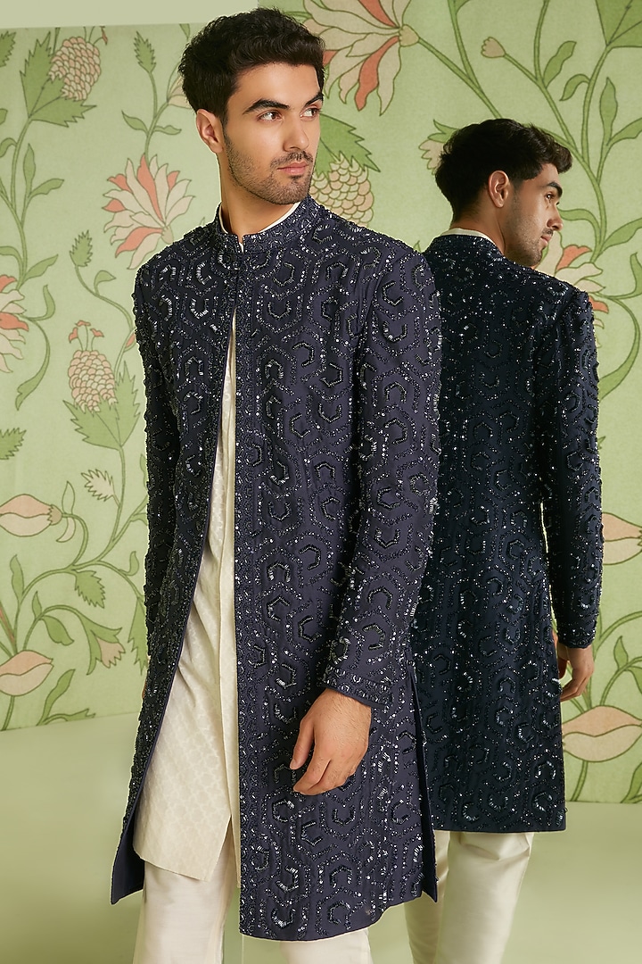Navy Blue Embroidered Indo Western Jacket Set by Sanjev Marwaaha Men at Pernia's Pop Up Shop