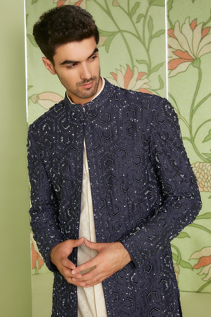 Navy Blue Embroidered Indo Western Jacket Set by Sanjev Marwaaha Men at Pernia's Pop Up Shop