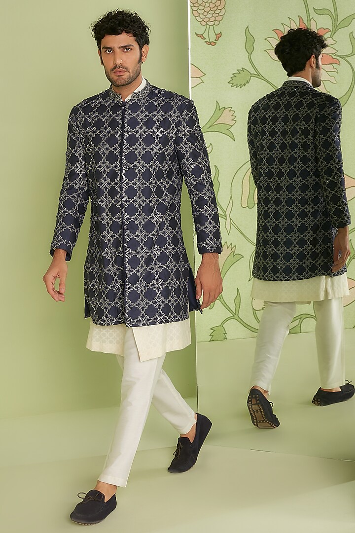 Navy Blue Cotton Silk Indo Western Jacket Set by Sanjev Marwaaha Men