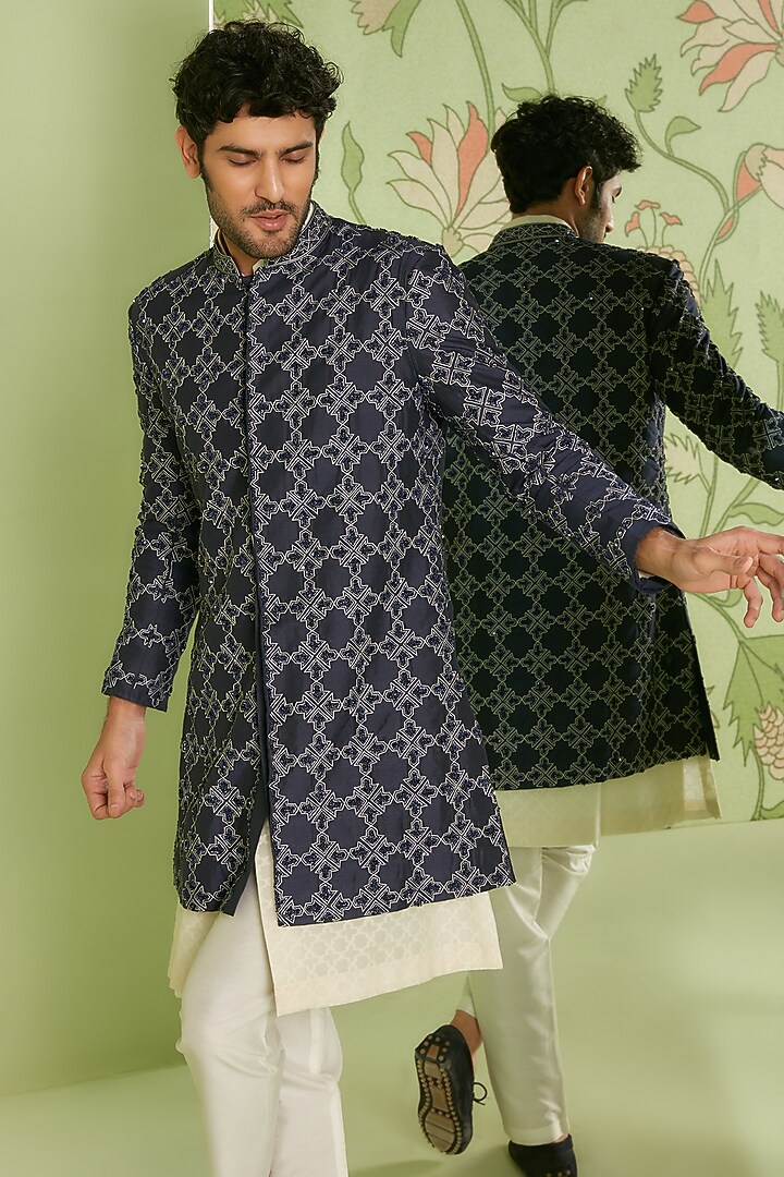 Navy Blue Cotton Silk Indo Western Jacket Set by Sanjev Marwaaha Men at Pernia's Pop Up Shop