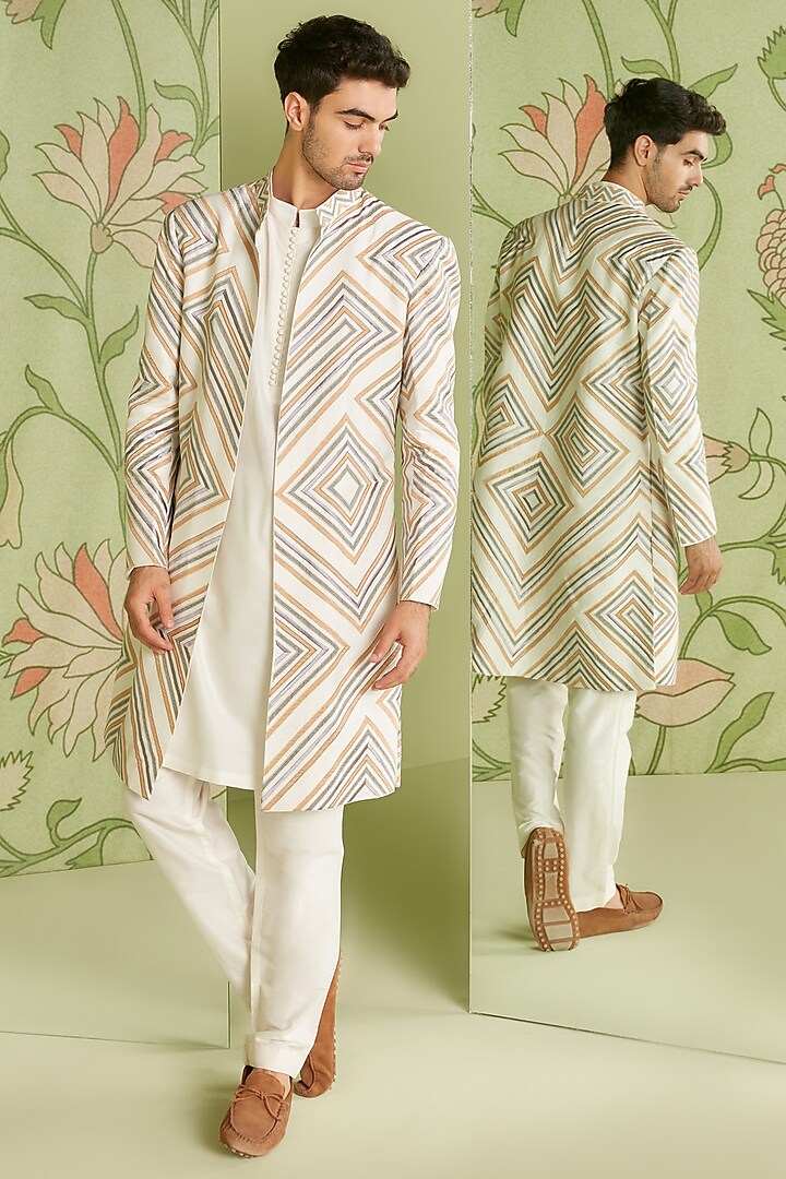 Ivory Cotton Silk Indo Western Jacket Set by Sanjev Marwaaha Men