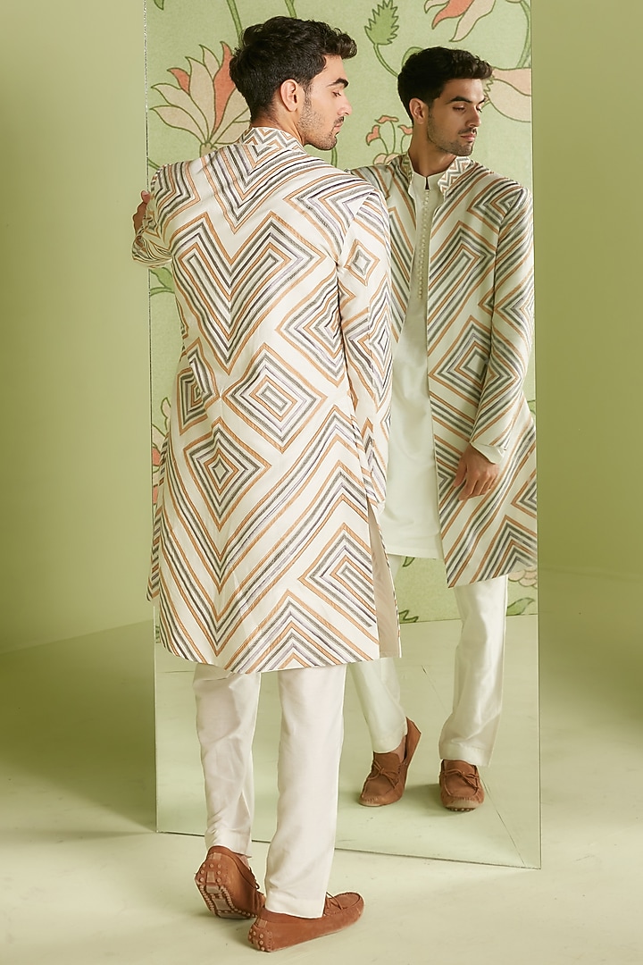 Ivory Cotton Silk Indo Western Jacket Set by Sanjev Marwaaha Men at Pernia's Pop Up Shop