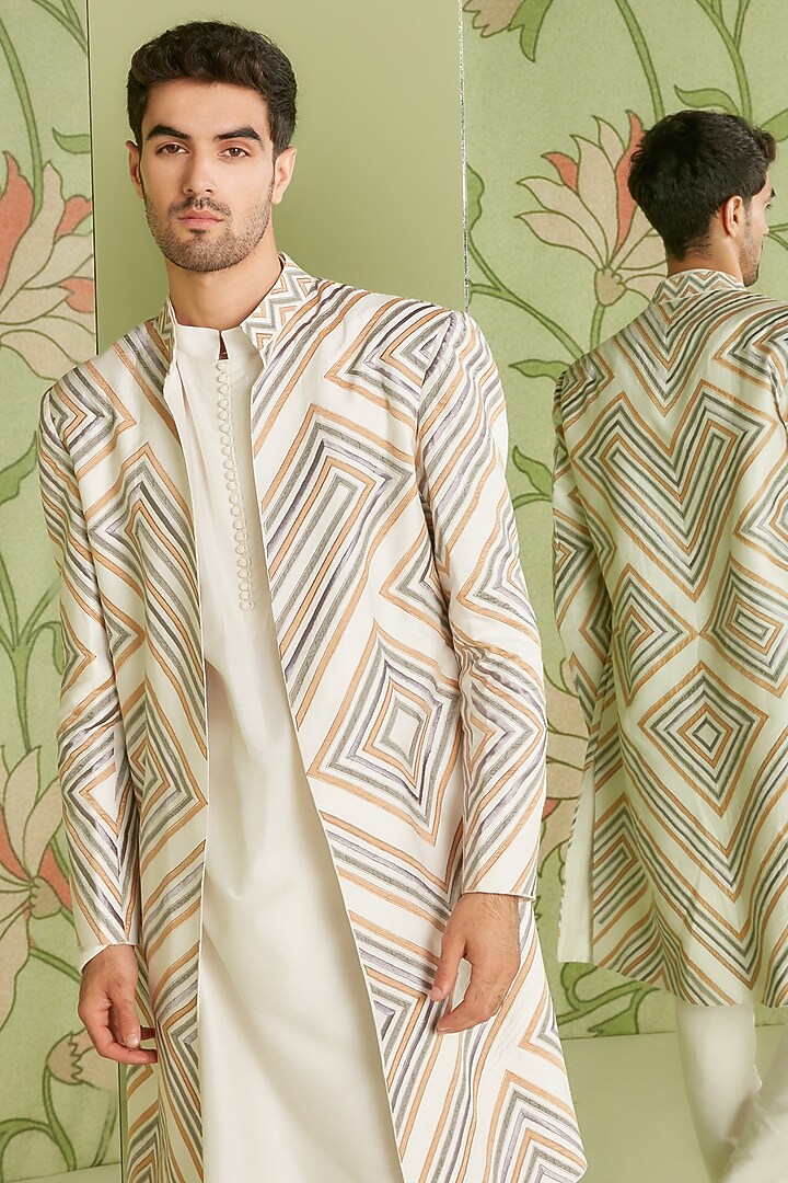 Ivory Cotton Silk Indo Western Jacket Set by Sanjev Marwaaha Men at Pernia's Pop Up Shop