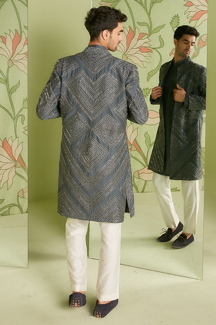 Charcoal Grey Embroidered Indo Western Jacket Set by Sanjev Marwaaha Men at Pernia's Pop Up Shop