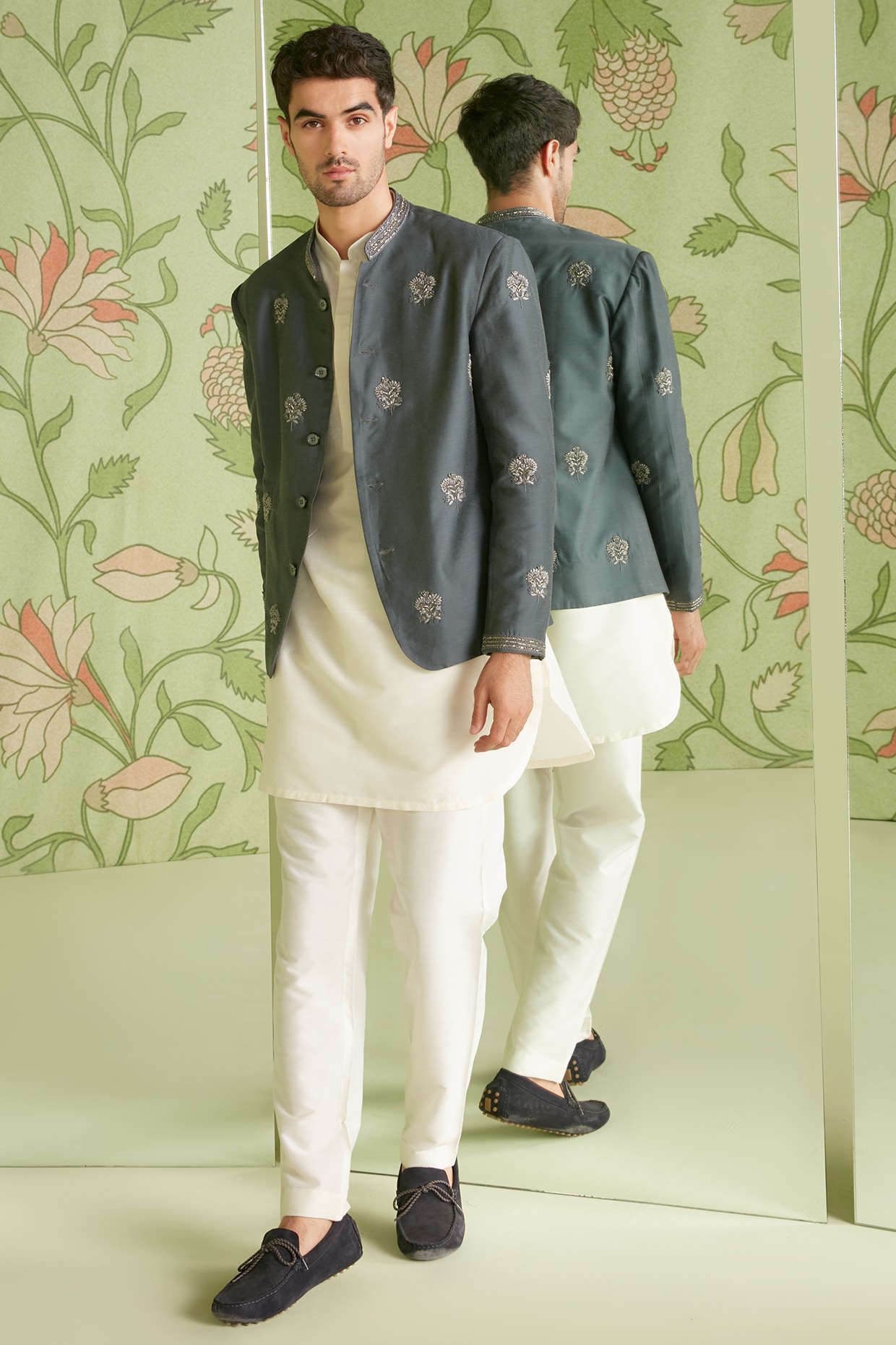 Sanjev Marwaaha Grey Embroidered Bandhgala Jacket Set