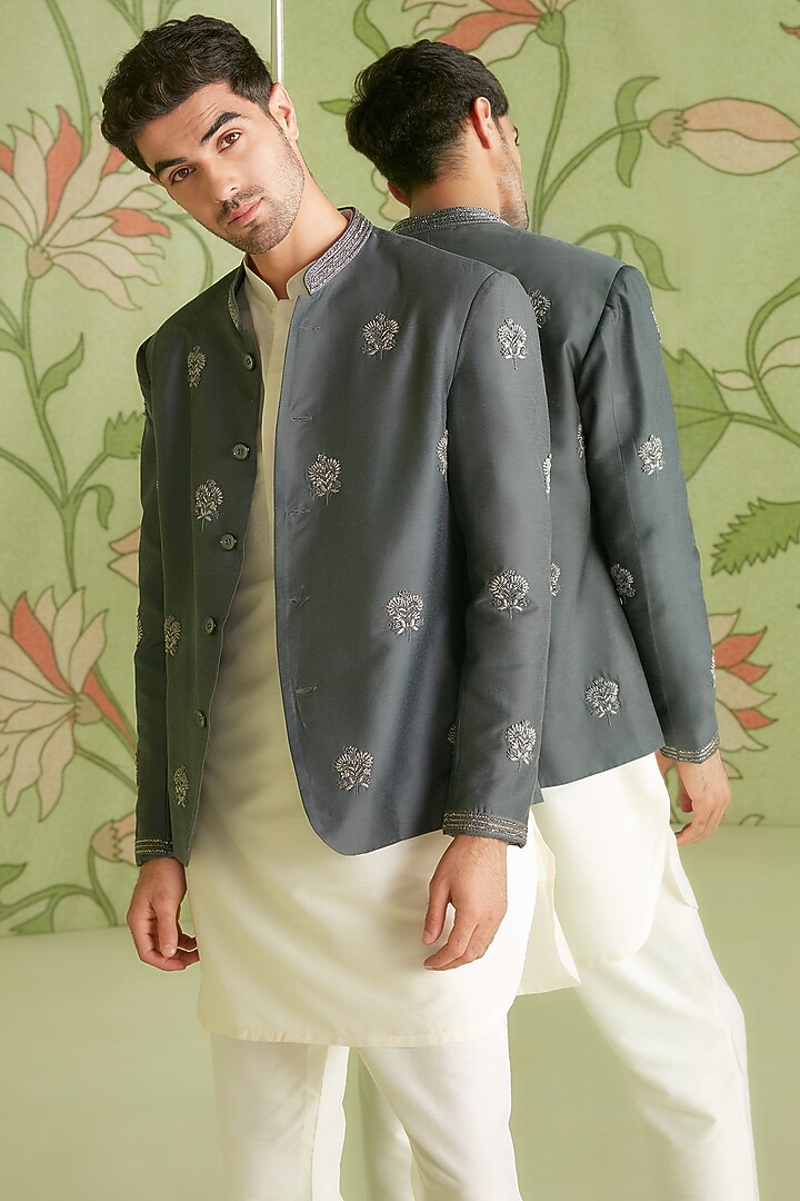 Grey Embroidered Wedding Bandhgala Jacket Set by Sanjev Marwaaha Men at Pernia's Pop Up Shop