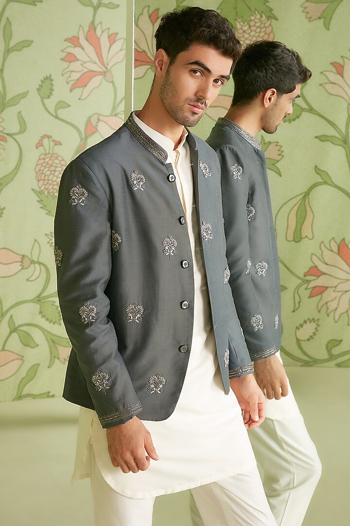 Grey Embroidered Wedding Bandhgala Jacket Set by Sanjev Marwaaha Men at Pernia's Pop Up Shop