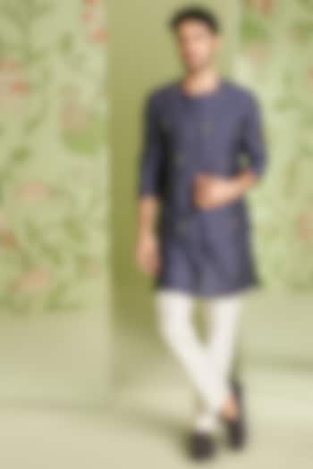 Navy Blue Cotton Silk Bundi Jacket With Kurta Set by Sanjev Marwaaha Men