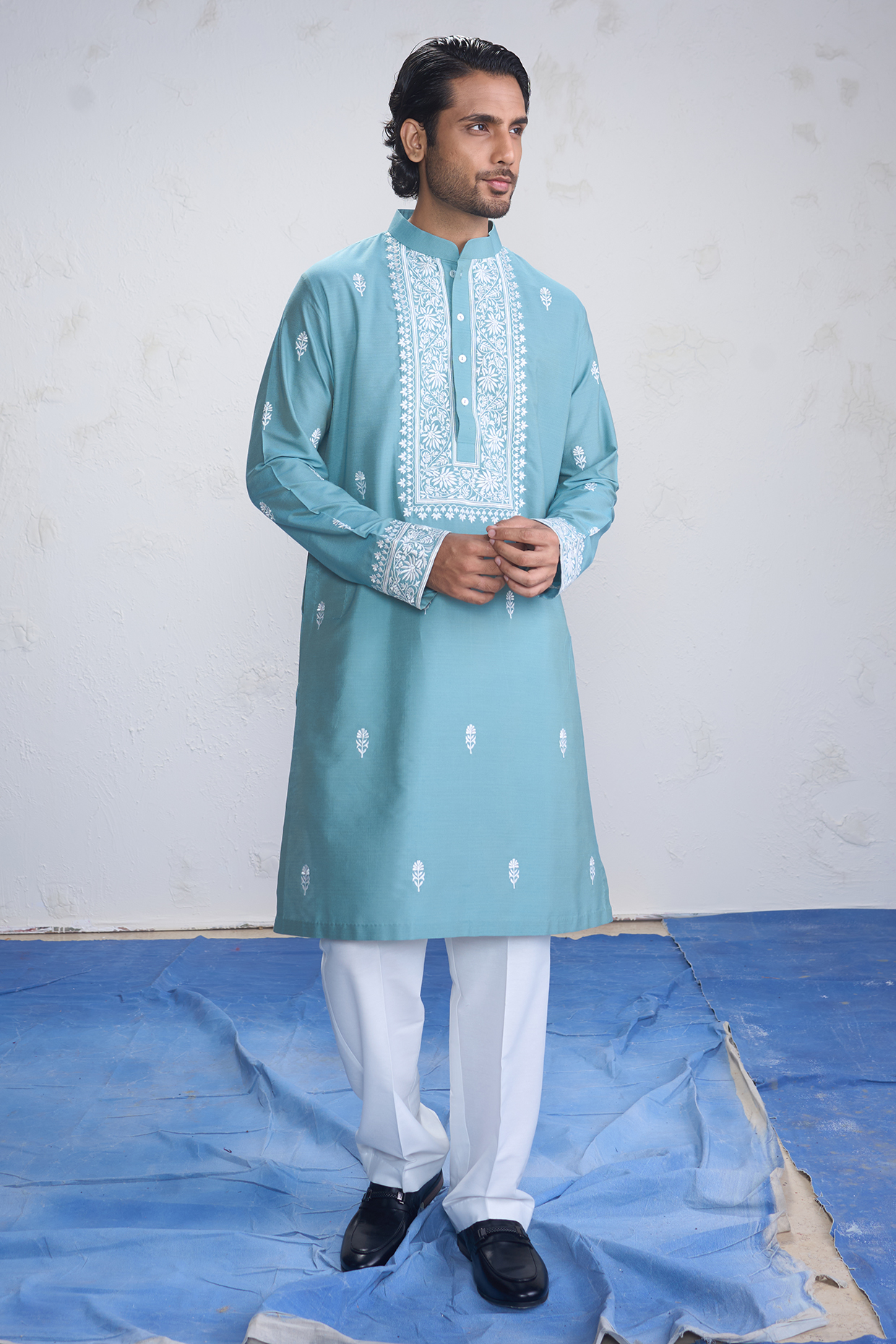 Teal Cotton Silk Floral Embroidered Kurta Set by Sanjev Marwaaha Men