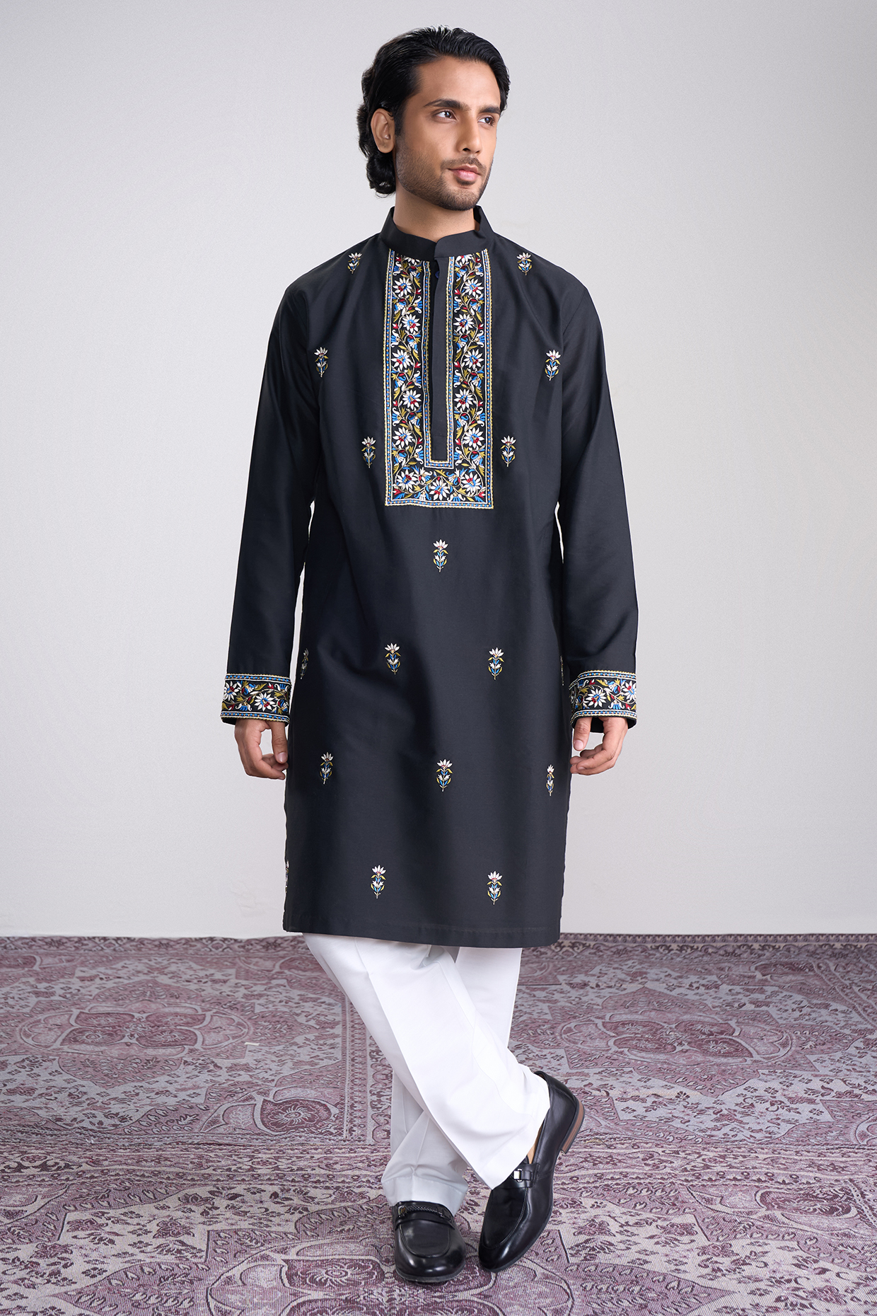 Black Cotton Silk Floral Embroidered Kurta Set by Sanjev Marwaaha Men