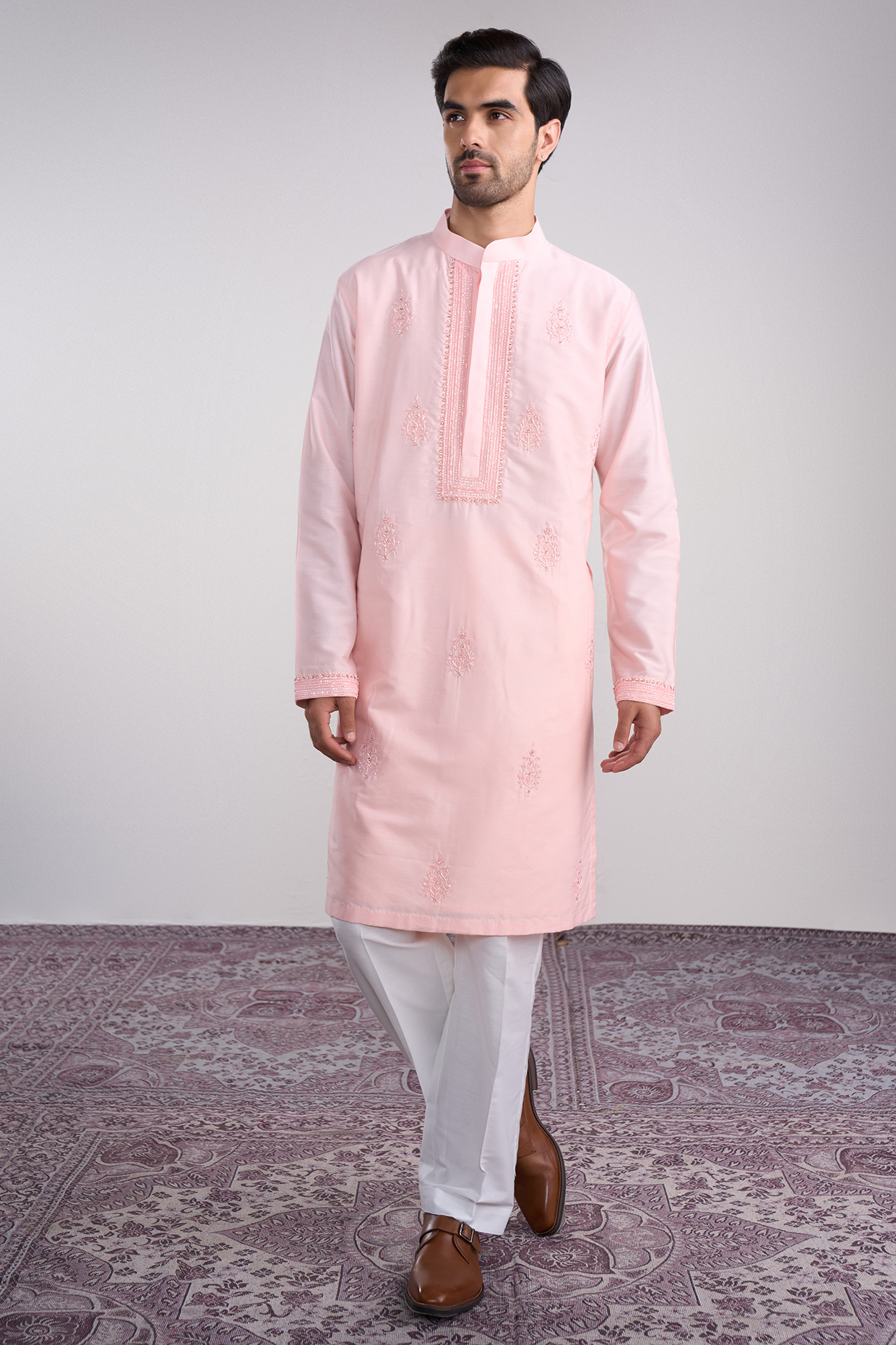 Peach Cotton Silk Machine Embroidered Kurta Set by Sanjev Marwaaha Men