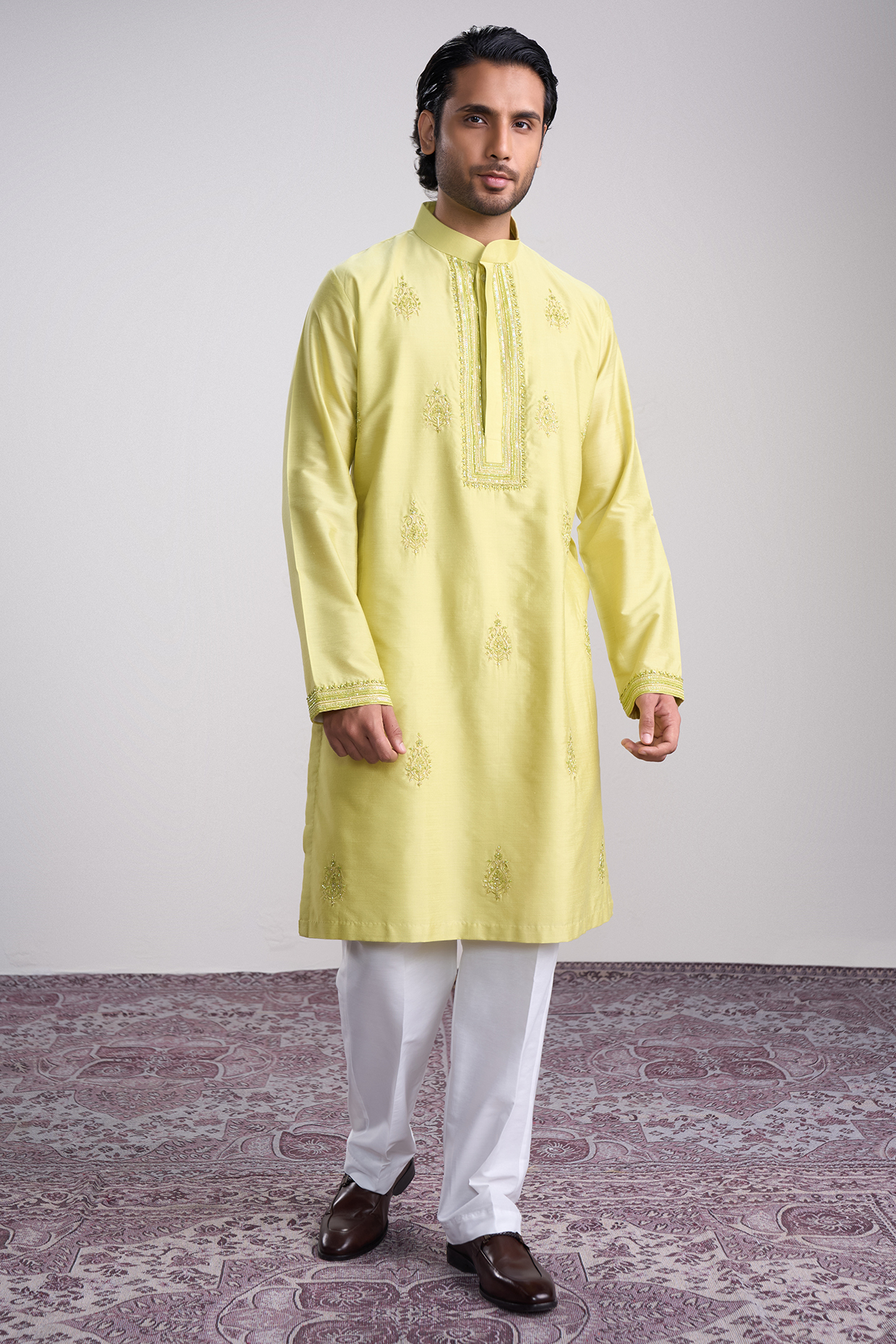 Light Green Cotton Silk Machine Embroidered Kurta Set by Sanjev Marwaaha Men