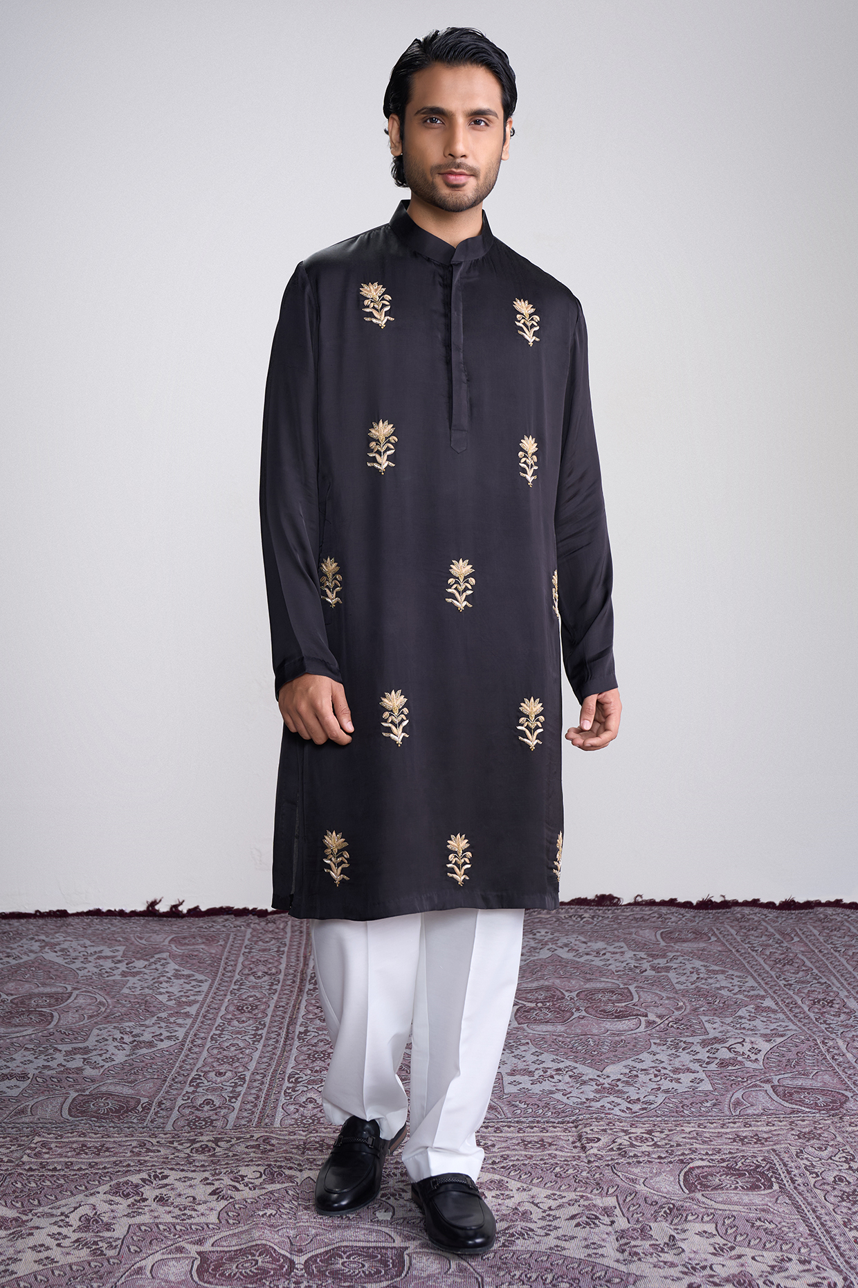 Black Modal Silk Hand Embroidered Kurta Set by Sanjev Marwaaha Men