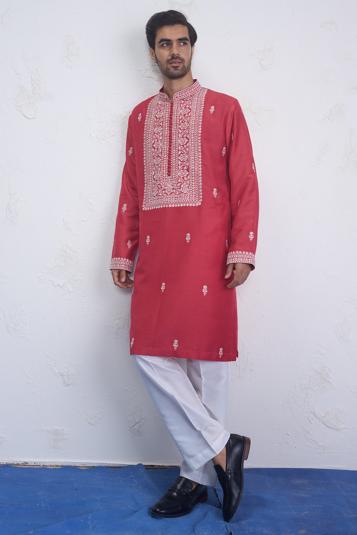 Red Cotton Silk Embroidered Kurta Set by Sanjev Marwaaha Men
