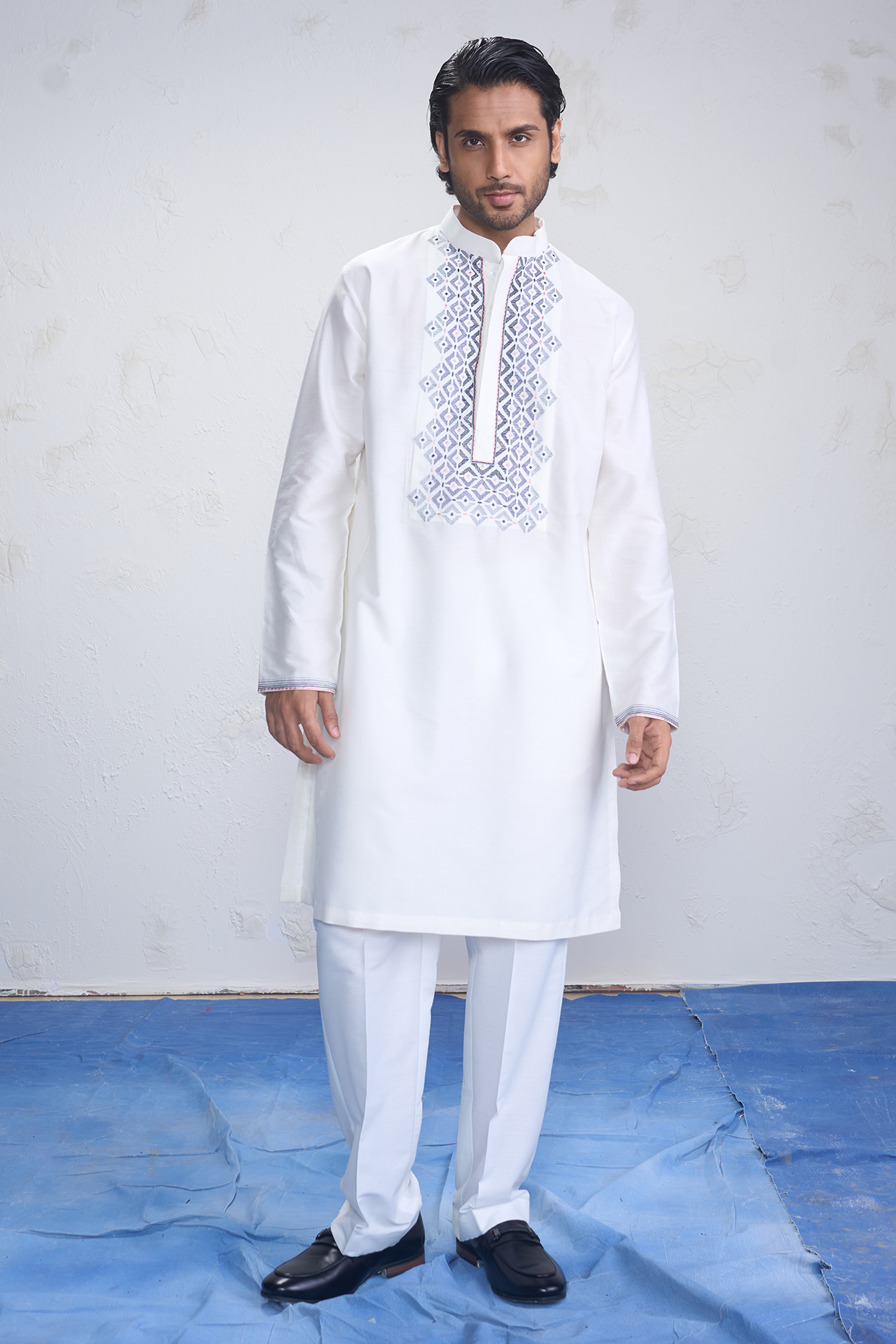 Ivory Cotton Silk Embroidered Kurta Set by Sanjev Marwaaha Men