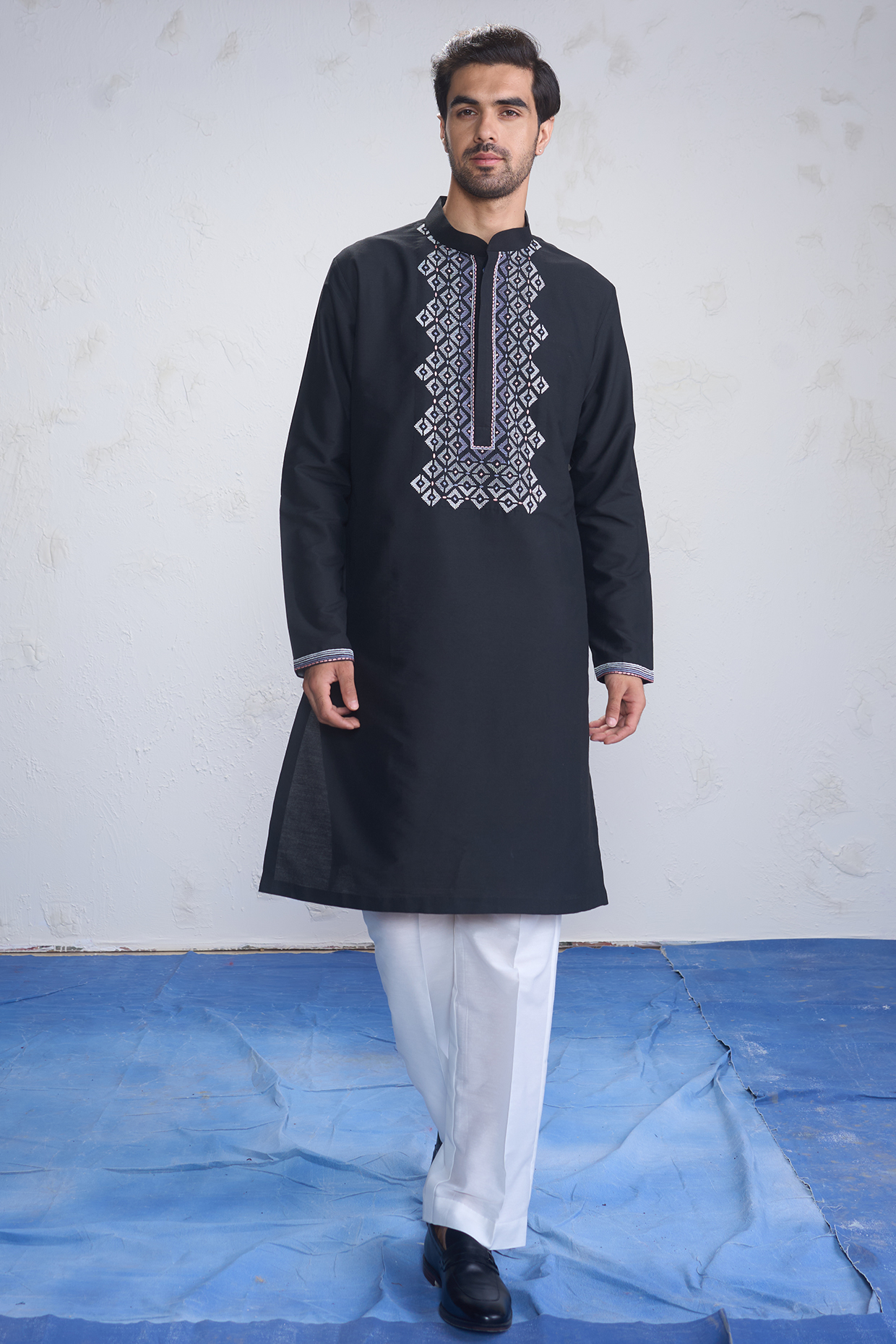 Black Cotton Silk Embroidered Kurta Set by Sanjev Marwaaha Men