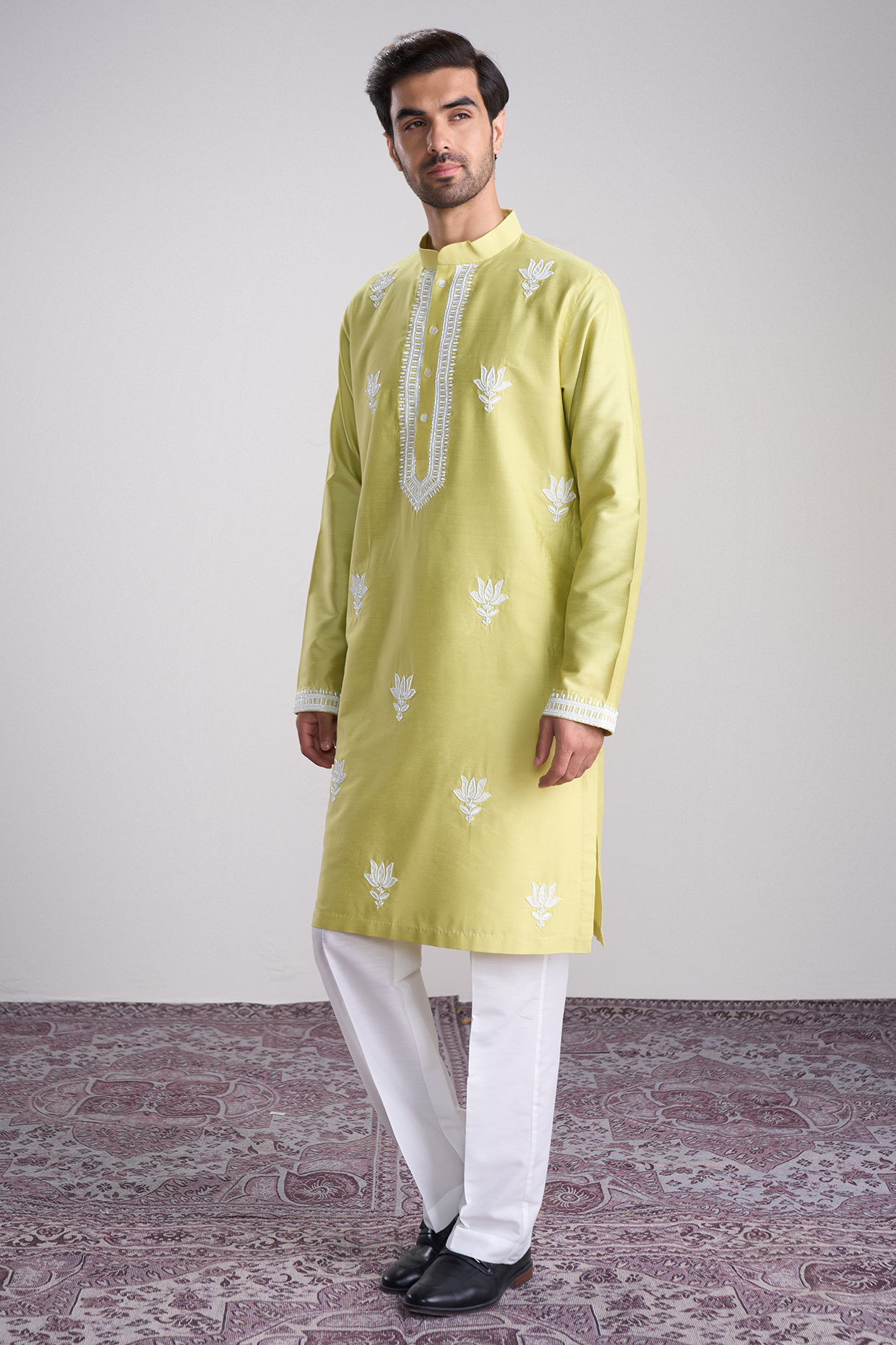 Light Green Cotton Silk Hand Embroidered Kurta Set by Sanjev Marwaaha Men