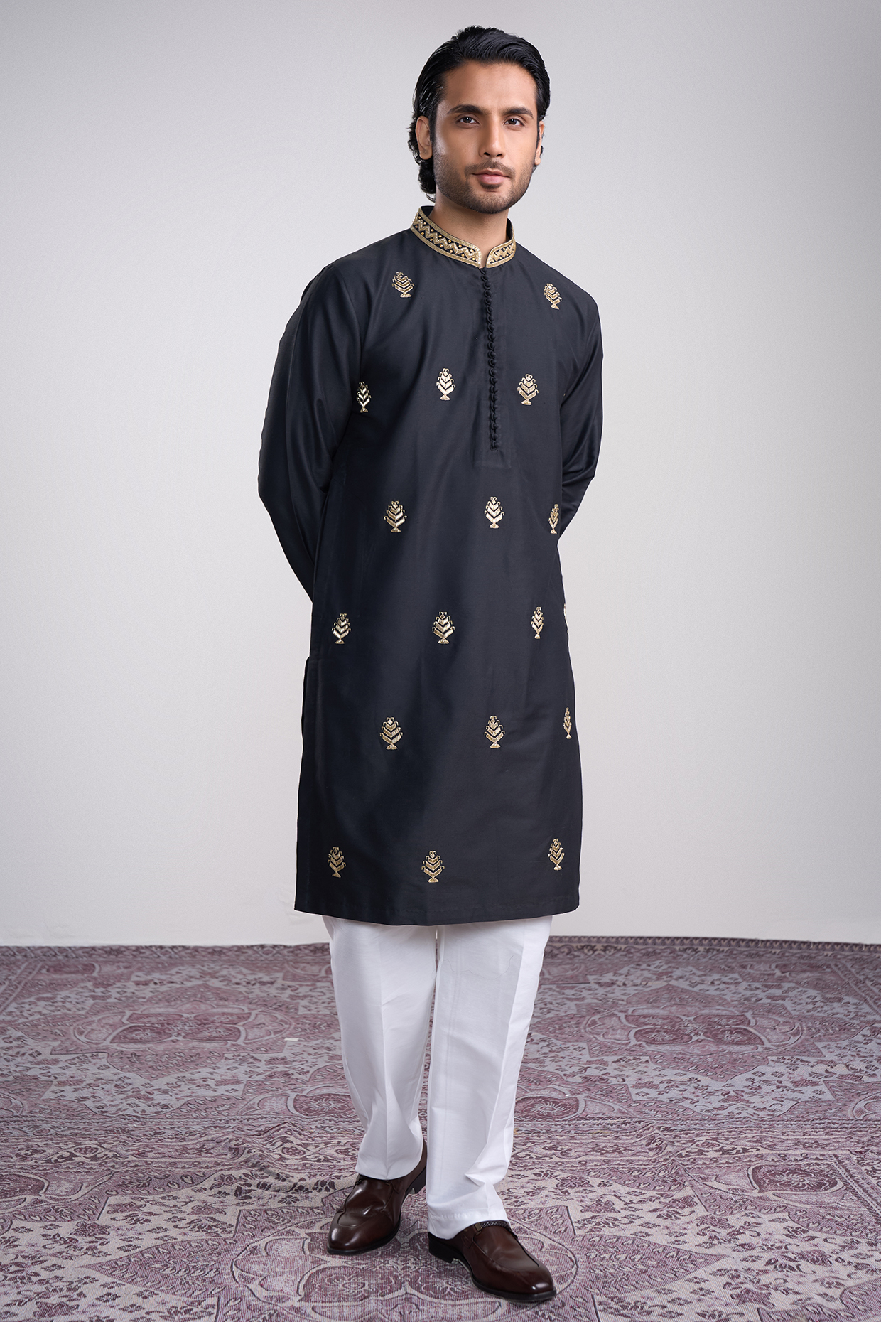 Black Cotton Silk Hand Embroidered Kurta Set by Sanjev Marwaaha Men
