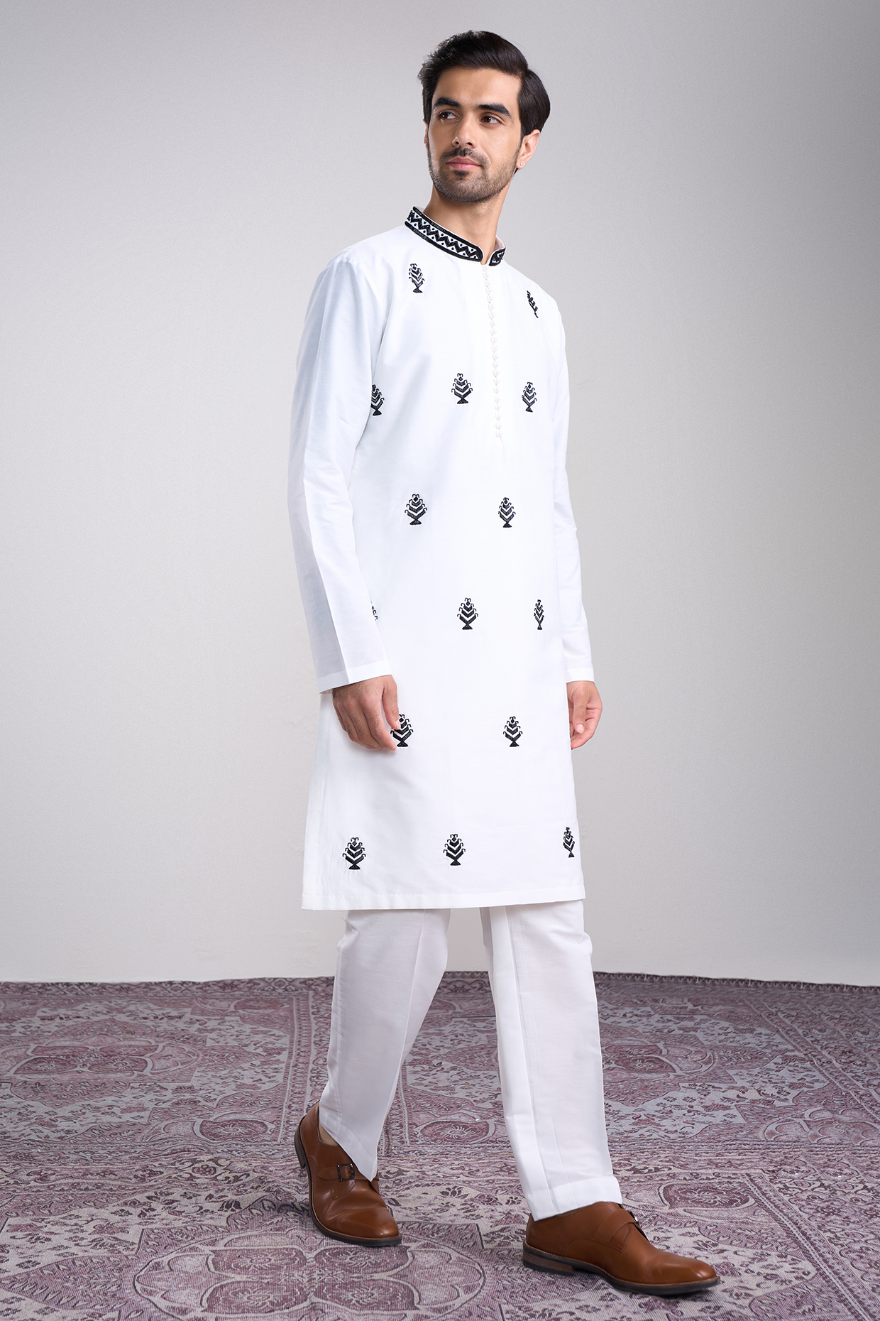 Ivory Cotton Silk Hand Embroidered Kurta Set by Sanjev Marwaaha Men