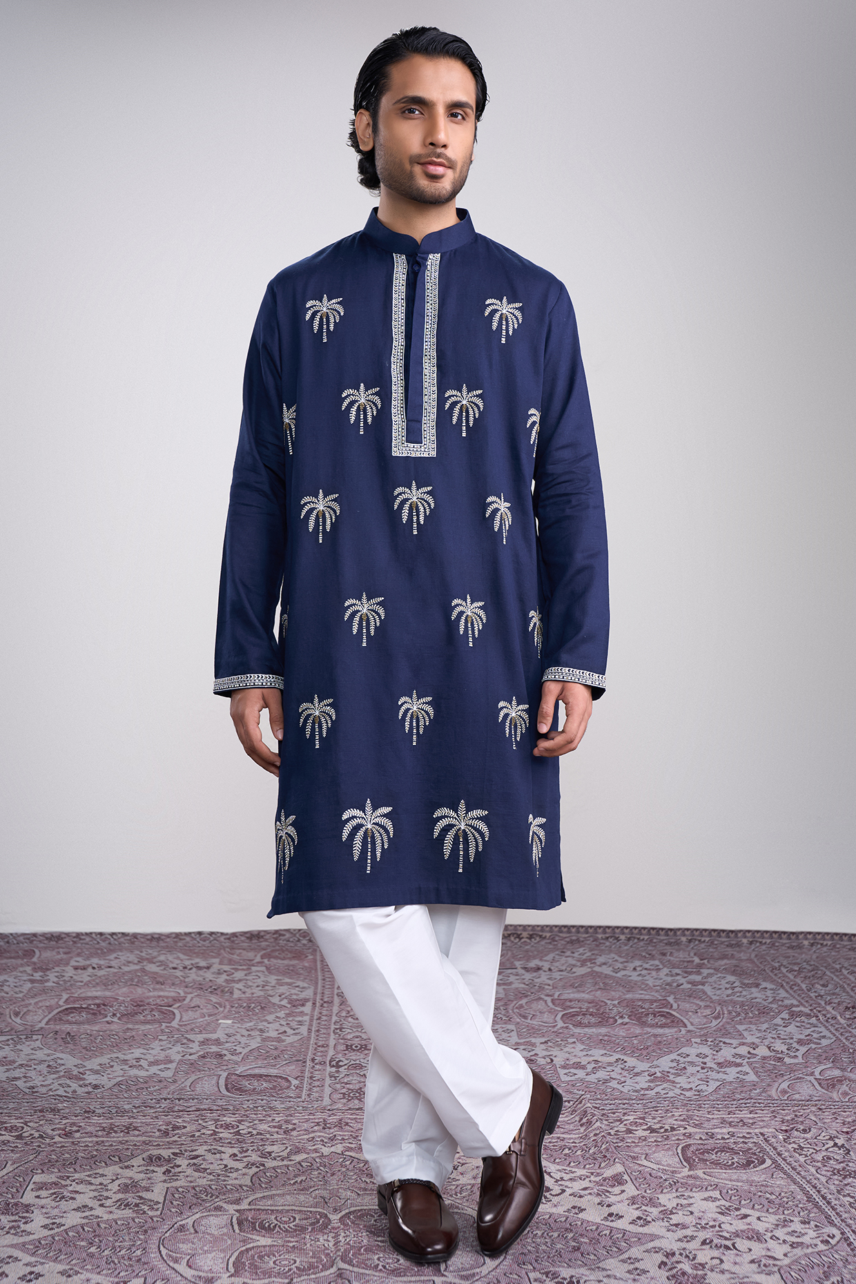 Navy Blue Cotton Silk Embroidered Kurta Set by Sanjev Marwaaha Men