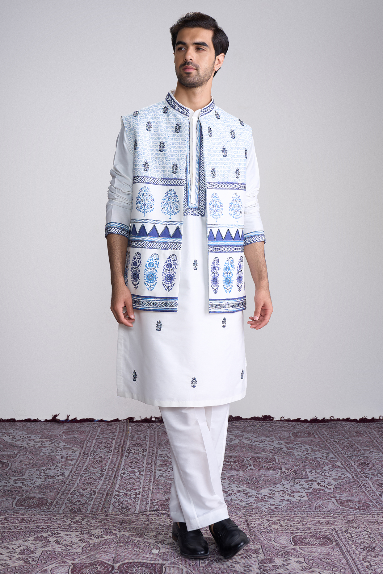 Ivory Cotton Silk Block Printed & Embellished Bundi Jacket Set by Sanjev Marwaaha Men