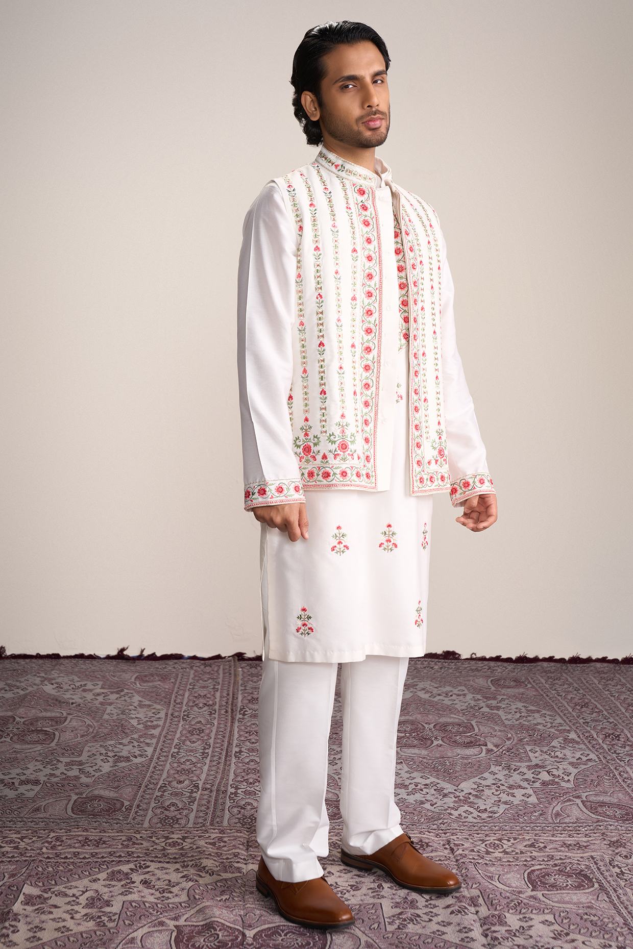 Ivory Cotton Silk Machine & Hand Embroidered Bundi Jacket Set by Sanjev Marwaaha Men