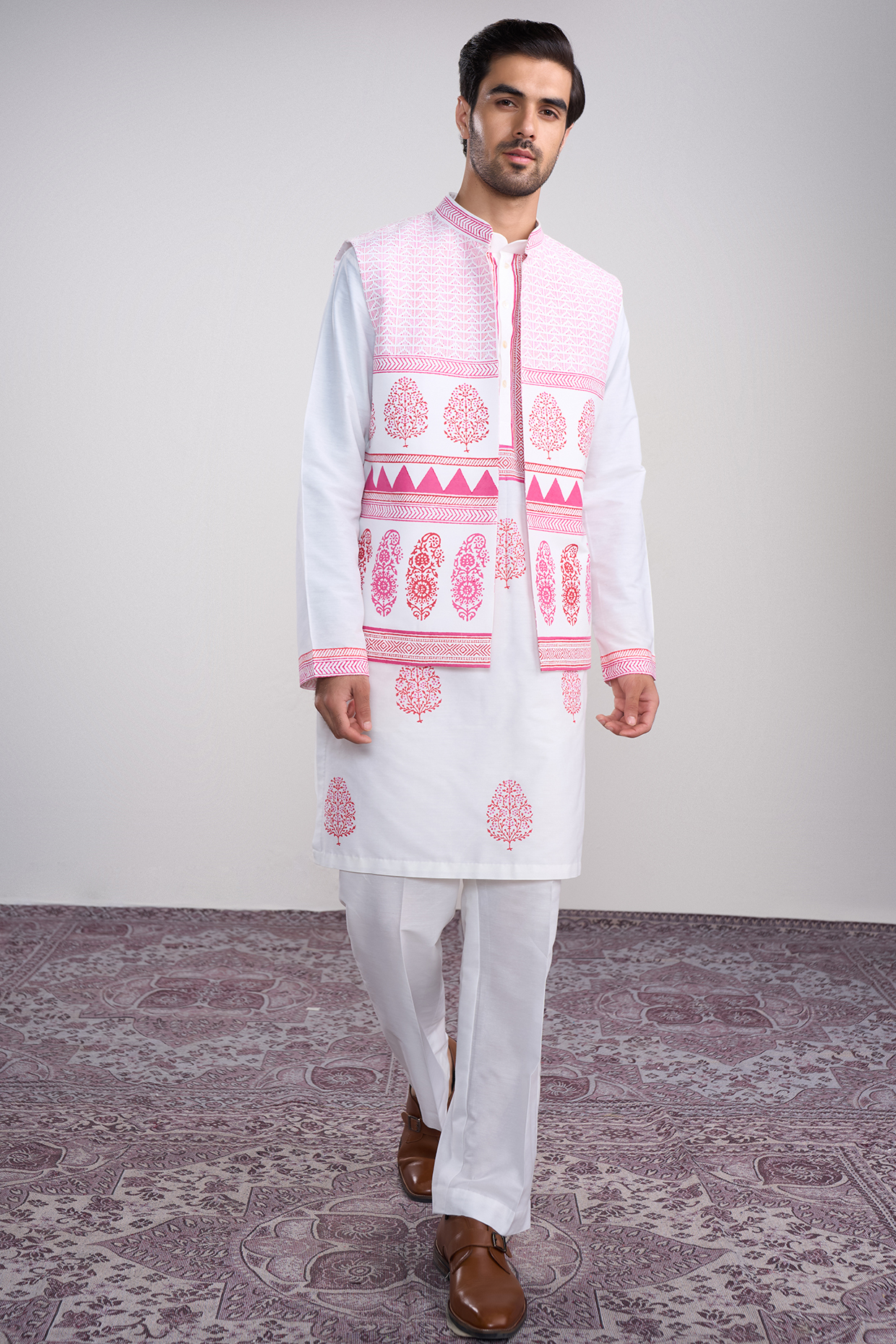 Ivory Cotton Silk Block Printed Bundi Jacket Set by Sanjev Marwaaha Men