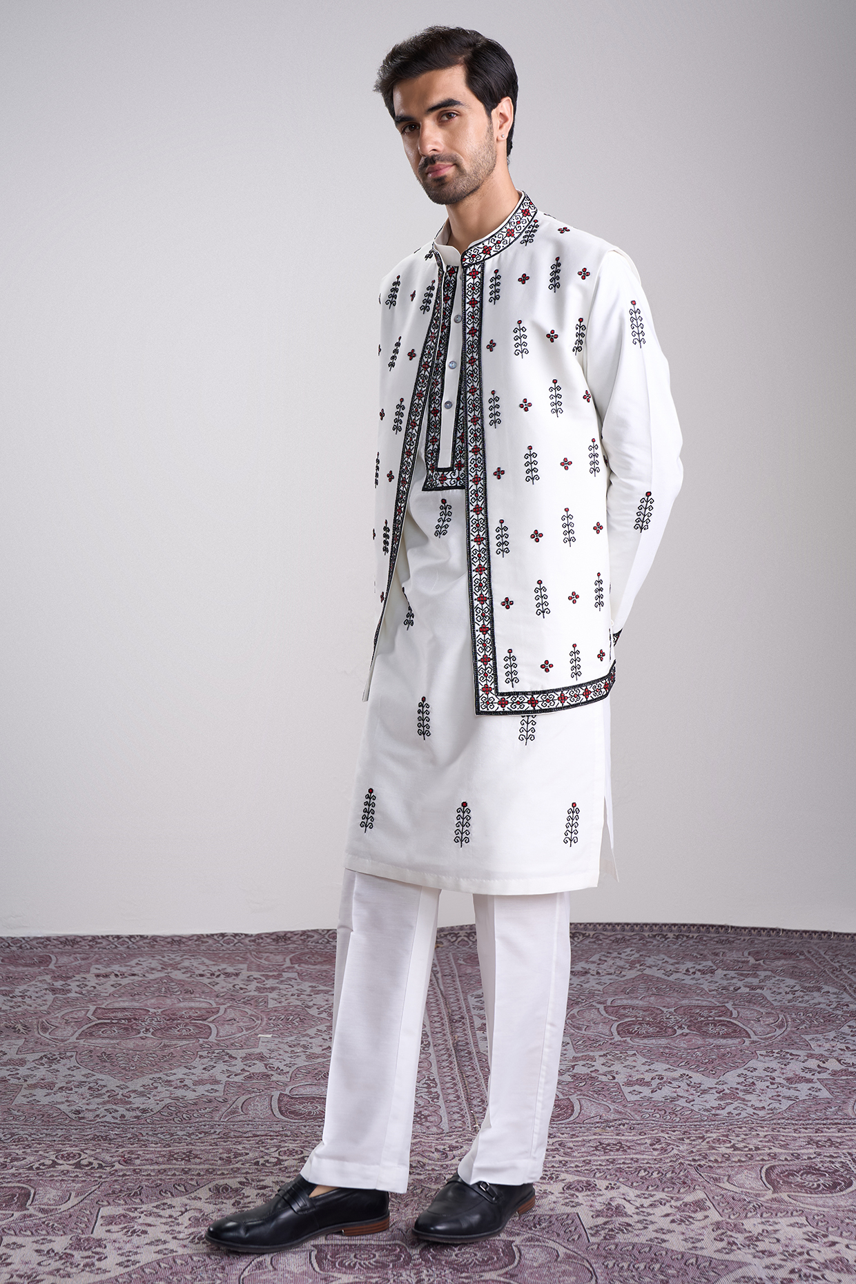 Ivory Cotton Silk Block Printed & Hand Embroidered Bundi Jacket Set by Sanjev Marwaaha Men
