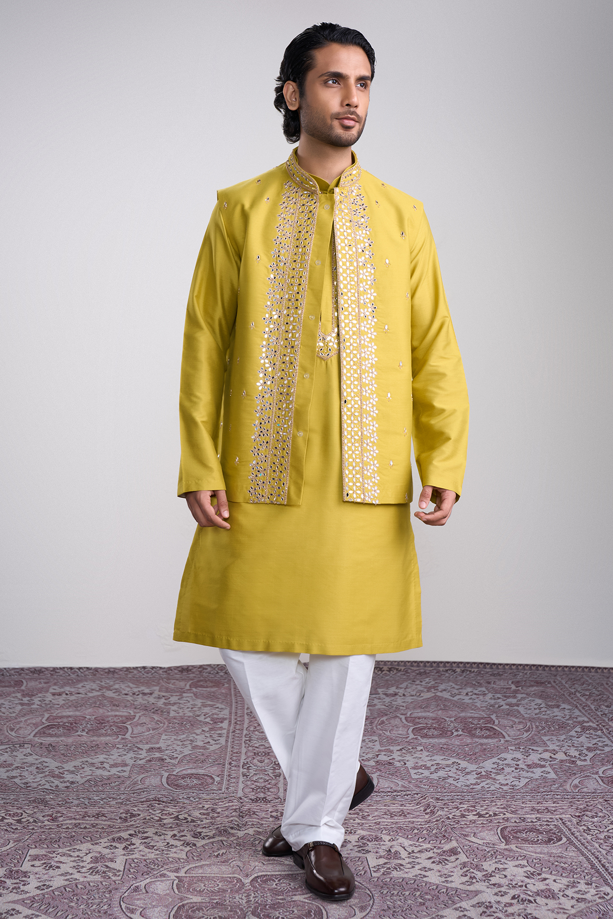 Yellow Cotton Silk Mirror Embellishments Bundi Jacket Set by Sanjev Marwaaha Men