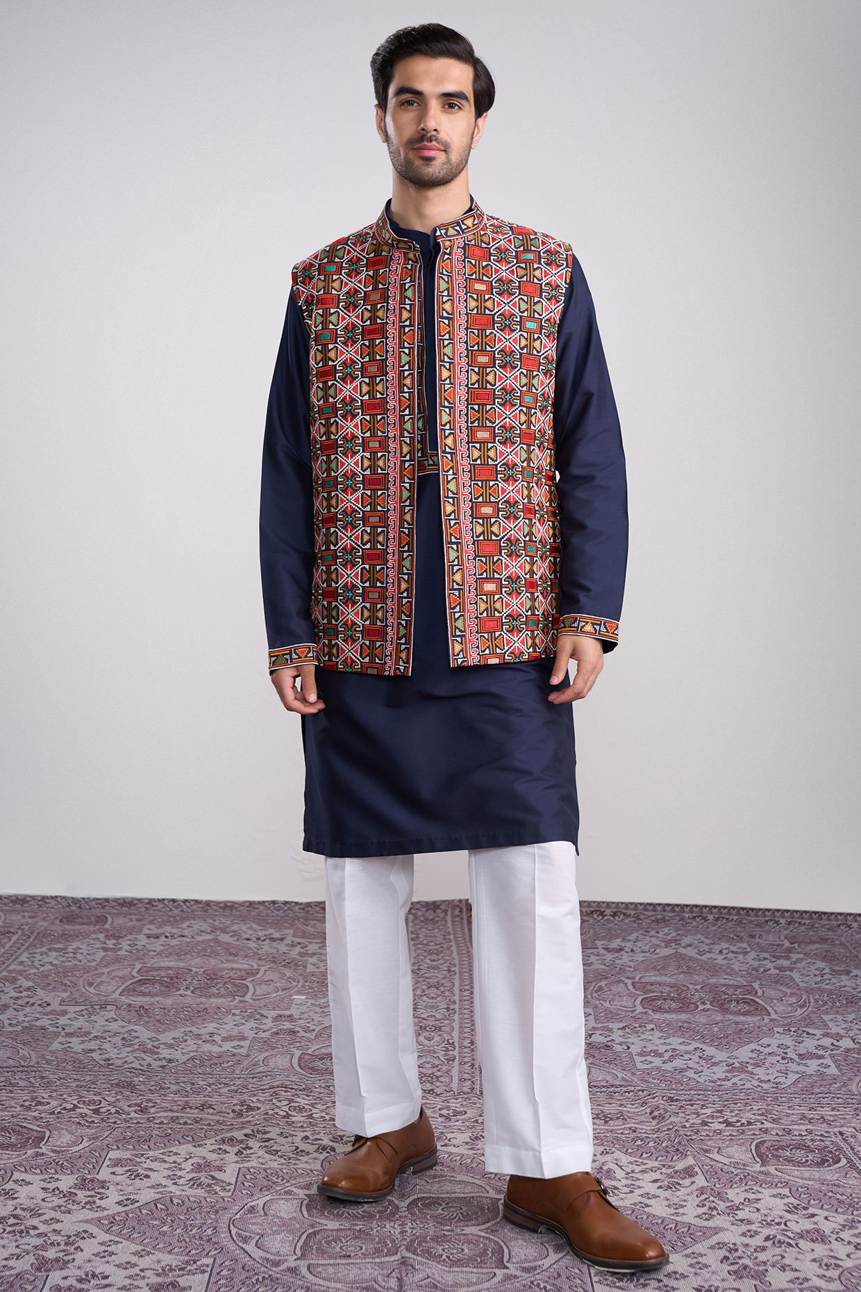 Navy Blue Cotton Silk Geometric Embroidered Bundi Jacket Set by Sanjev Marwaaha Men