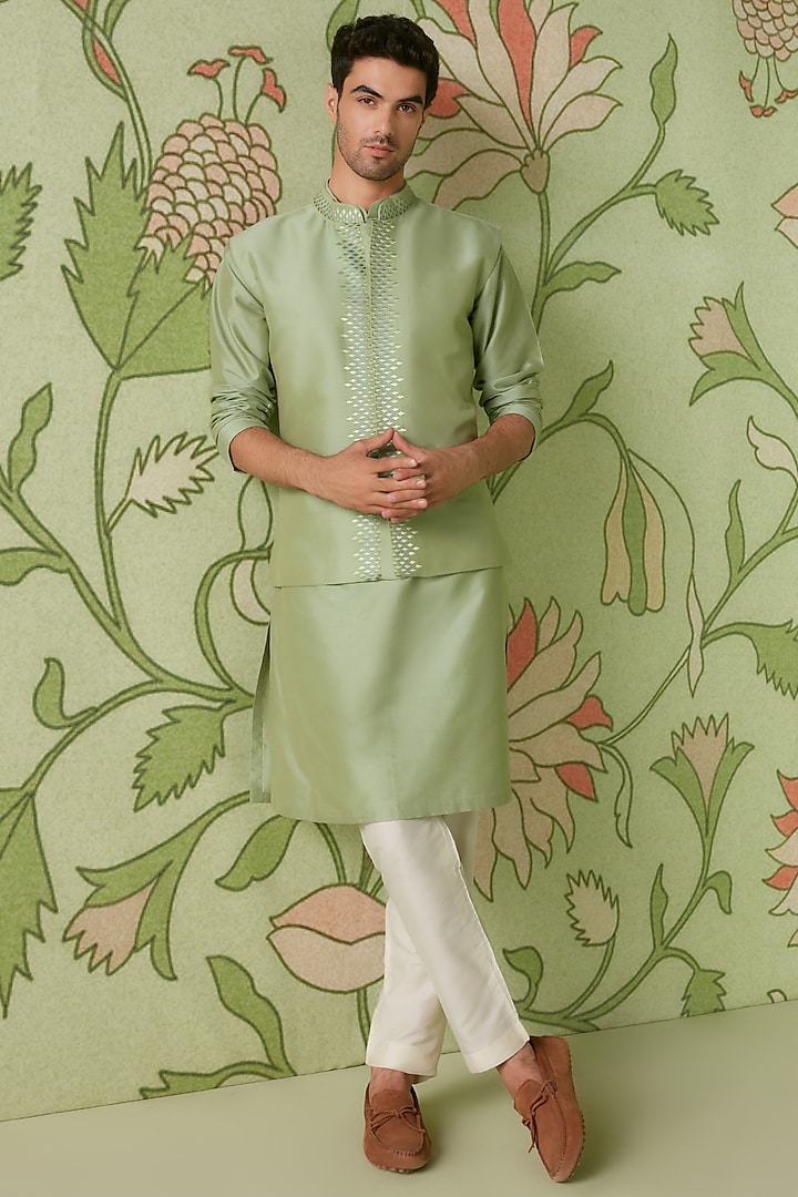 Sheen Green Cotton Silk Kurta Set With Bundi Jacket by Sanjev Marwaaha Men