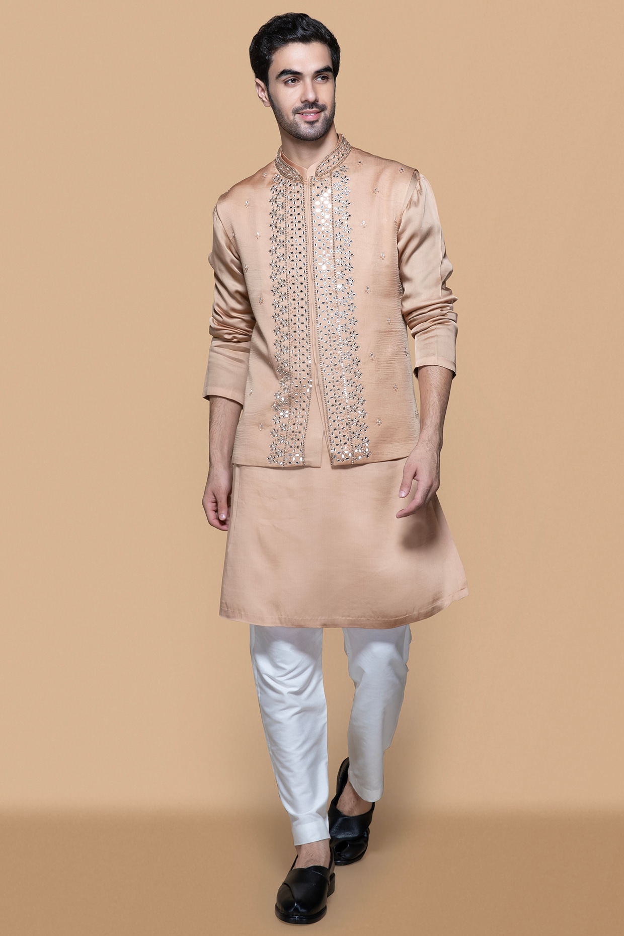 Sanjev Marwaaha Fawn Modal & Cotton Silk MIrror Work Bundi Jacket Set
