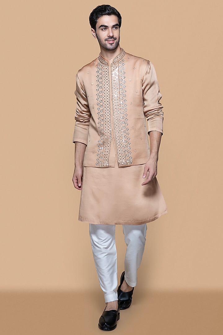 Fawn Modal & Cotton Silk MIrror Work Bundi Jacket Set by Sanjev Marwaaha Men