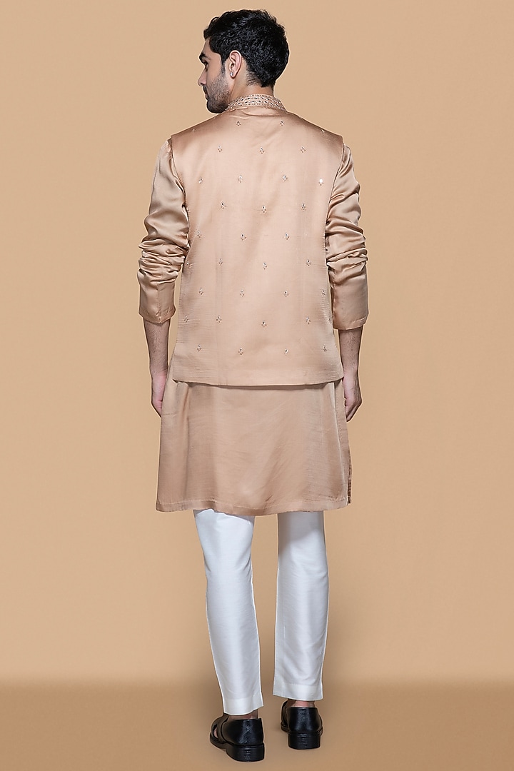 Fawn Modal & Cotton Silk MIrror Work Bundi Jacket Set by Sanjev Marwaaha Men at Pernia's Pop Up Shop