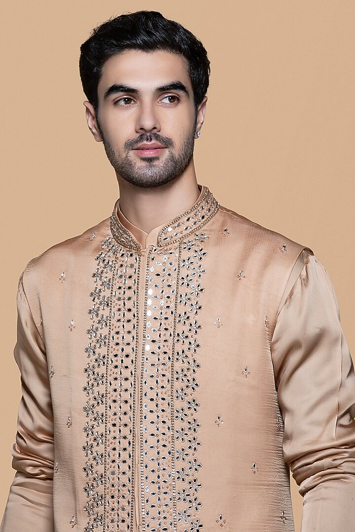 Fawn Modal & Cotton Silk MIrror Work Bundi Jacket Set by Sanjev Marwaaha Men at Pernia's Pop Up Shop