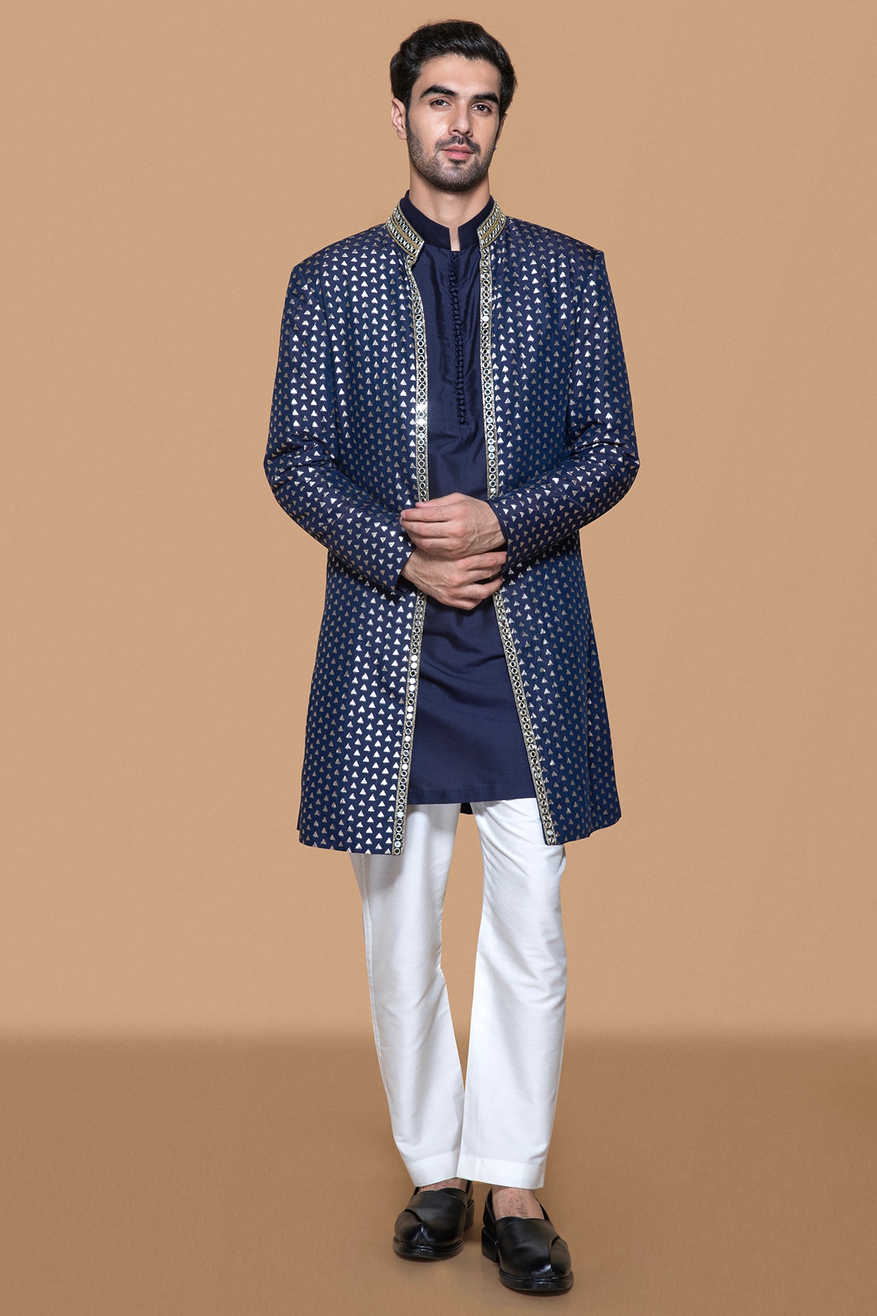Sanjev Marwaaha Blue Chanderi Brocade & Cotton Silk Embroidered Open Indowestern Set