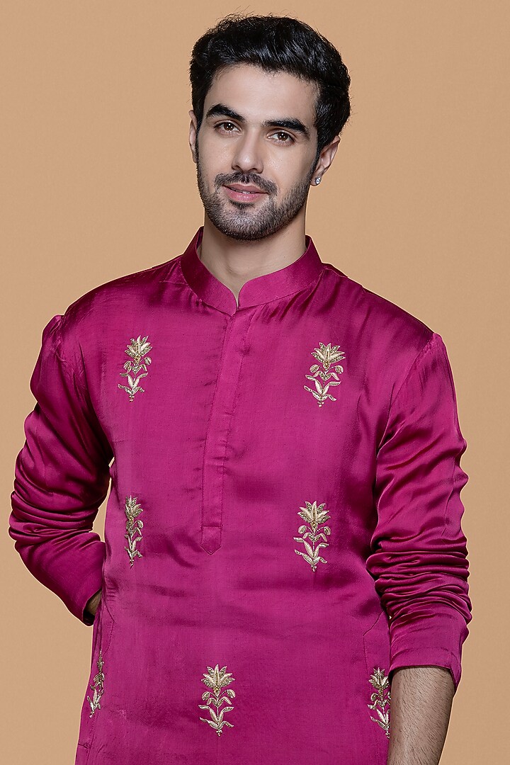Magenta Modal & Cotton Zardosi Hand Embroidered Kurta Set by Sanjev Marwaaha Men at Pernia's Pop Up Shop