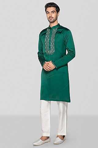 Green Modal & Cotton Silk Geometric Embroidered Kurta Set by Sanjev Marwaaha Men