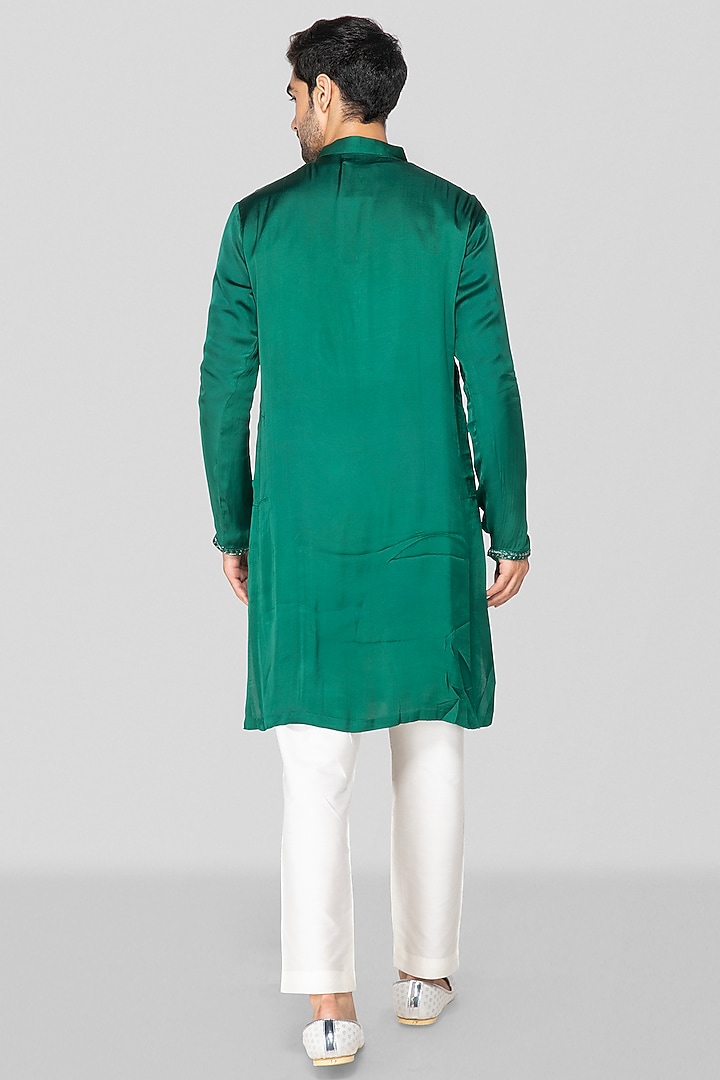 Green Modal & Cotton Silk Geometric Embroidered Kurta Set by Sanjev Marwaaha Men at Pernia's Pop Up Shop