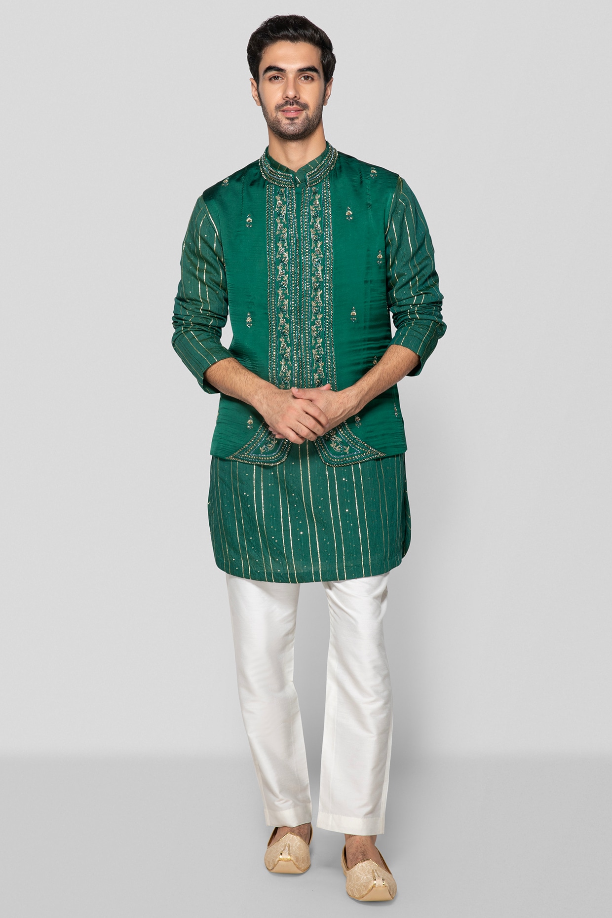 Sanjev Marwaaha Green Modal & Chanderi Brocade Bundi Jacket Set