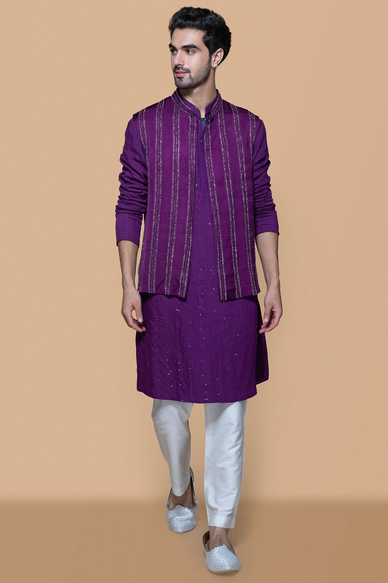 Sanjev Marwaaha Deep Purple Modal & Chanderi Brocade Embroidered Indowestern Set