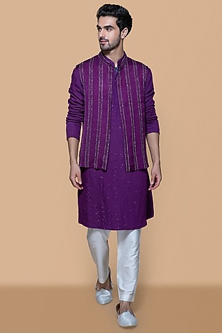 Deep Purple Modal & Chanderi Brocade Embroidered Indowestern Set by Sanjev Marwaaha Men