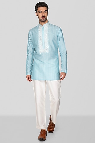 Sky Blue Cotton Silk Hand Block Printed & Embroidered Short Kurta Set by Sanjev Marwaaha Men