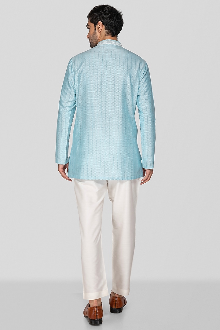 Sky Blue Cotton Silk Hand Block Printed & Embroidered Short Kurta Set by Sanjev Marwaaha Men at Pernia's Pop Up Shop