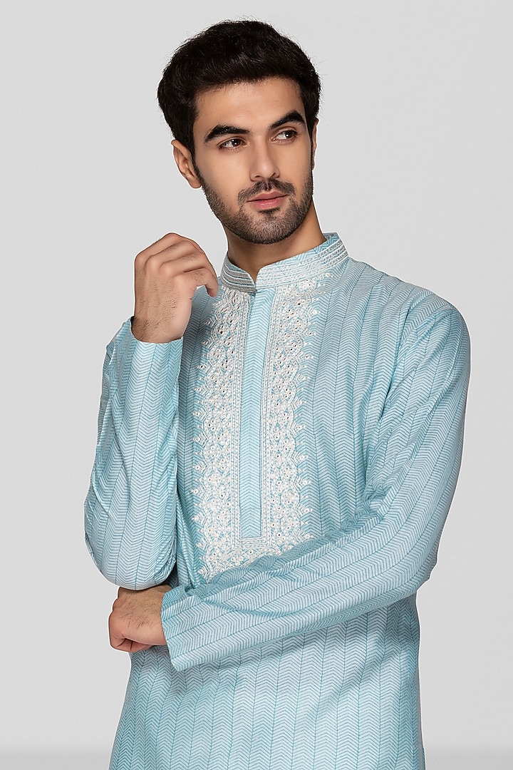 Sky Blue Cotton Silk Hand Block Printed & Embroidered Short Kurta Set by Sanjev Marwaaha Men at Pernia's Pop Up Shop