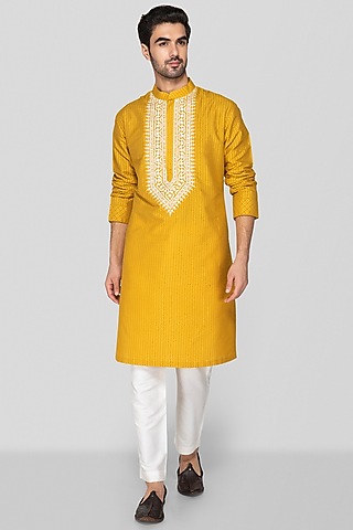 Mustard Yellow Cotton Silk Embroidered Short Kurta Set by Sanjev Marwaaha Men